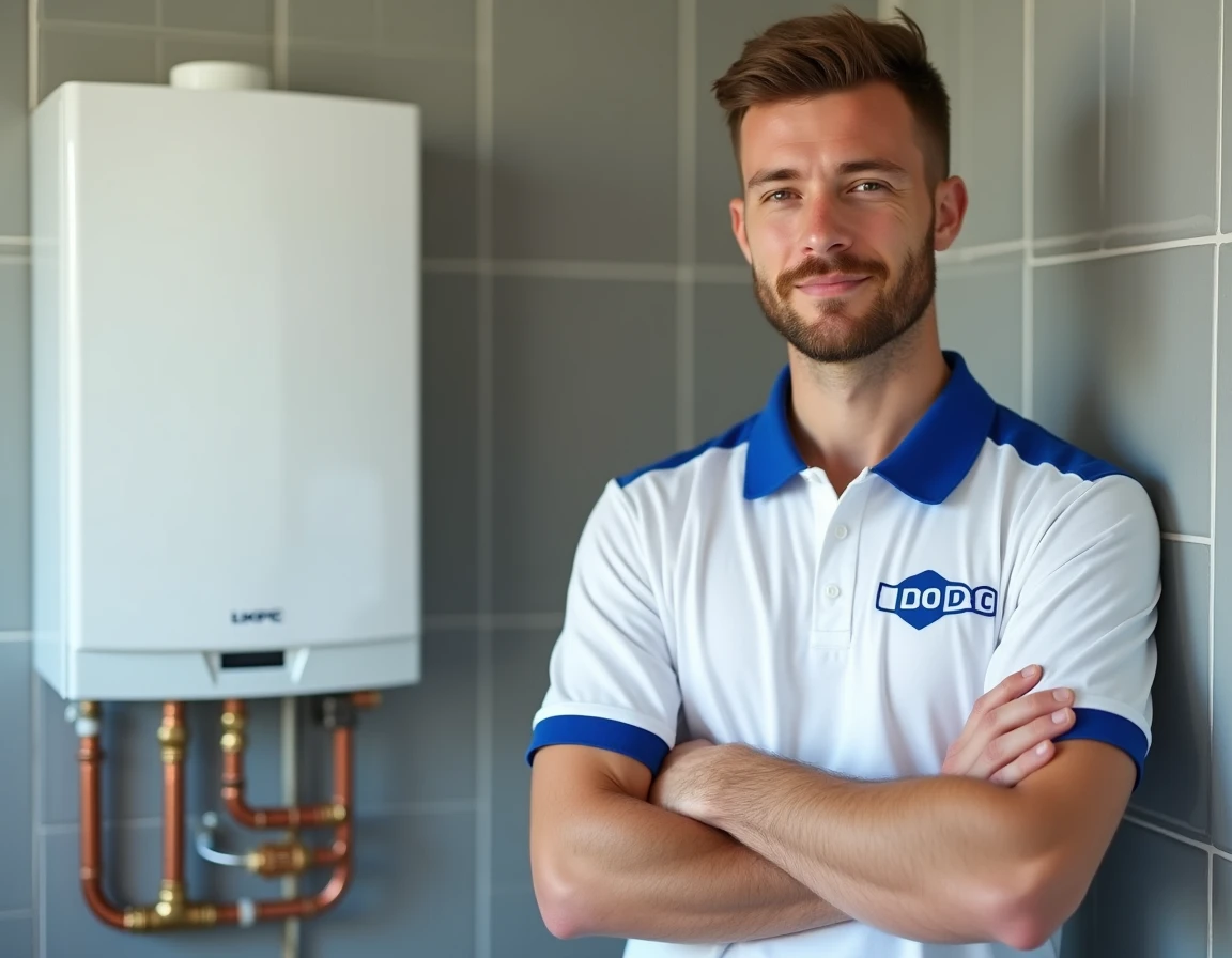 Technicien LKPC posant devant une chaudière à condensation nouvellement installée