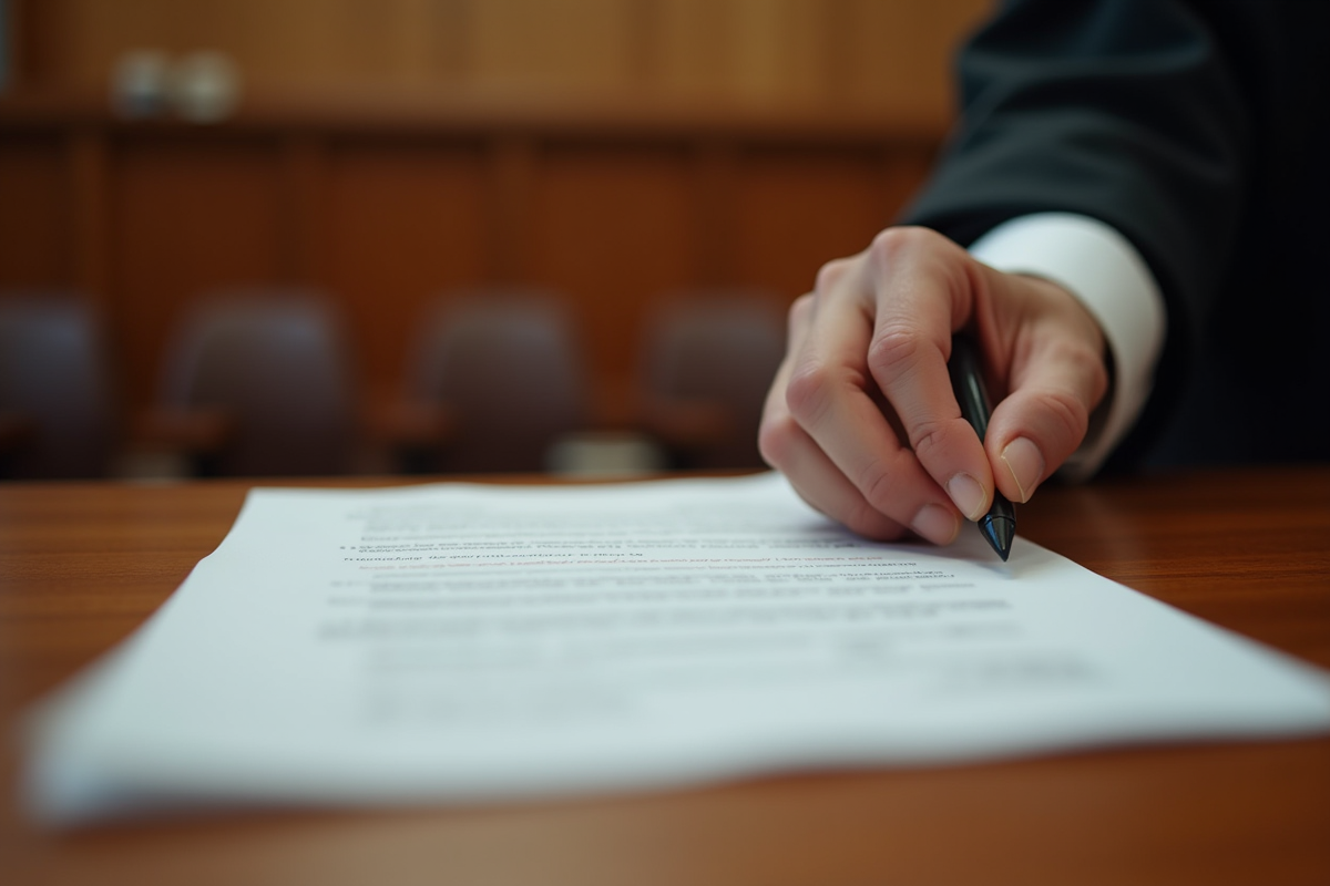 Main de juge déposant un document signé dans un tribunal vide