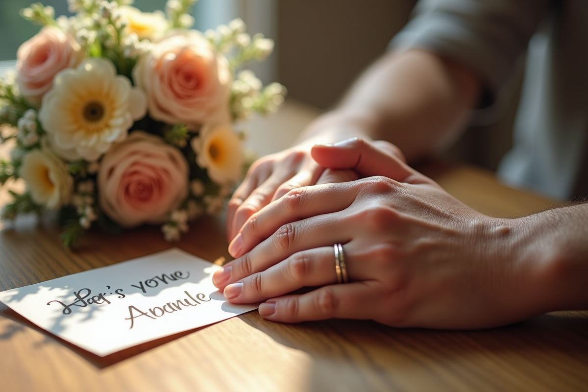 Mains entrelacees avec alliances sur une table en bois