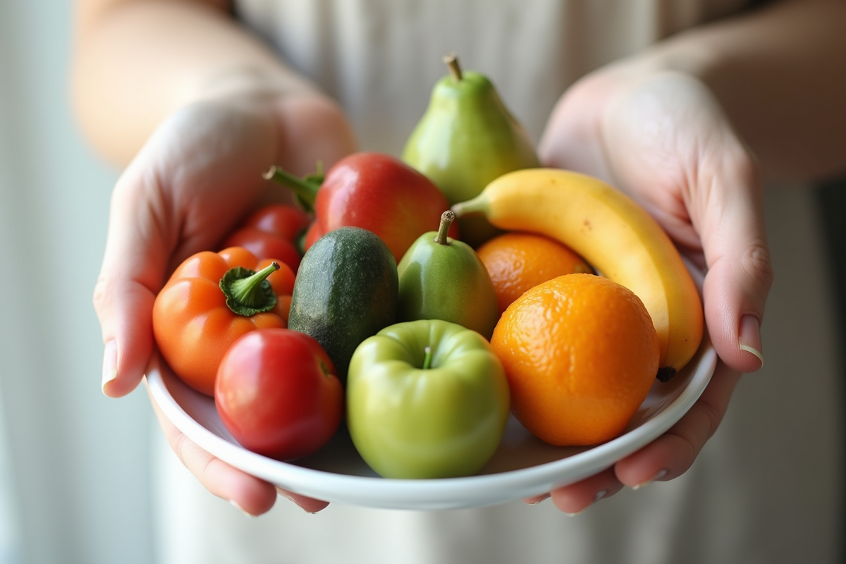 Mains tenant un assortiment de fruits et légumes au-dessus d