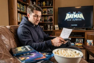 Jeune homme planifiant l'ordre de visionnage des films Batman pour un marathon week-end sur son canapé