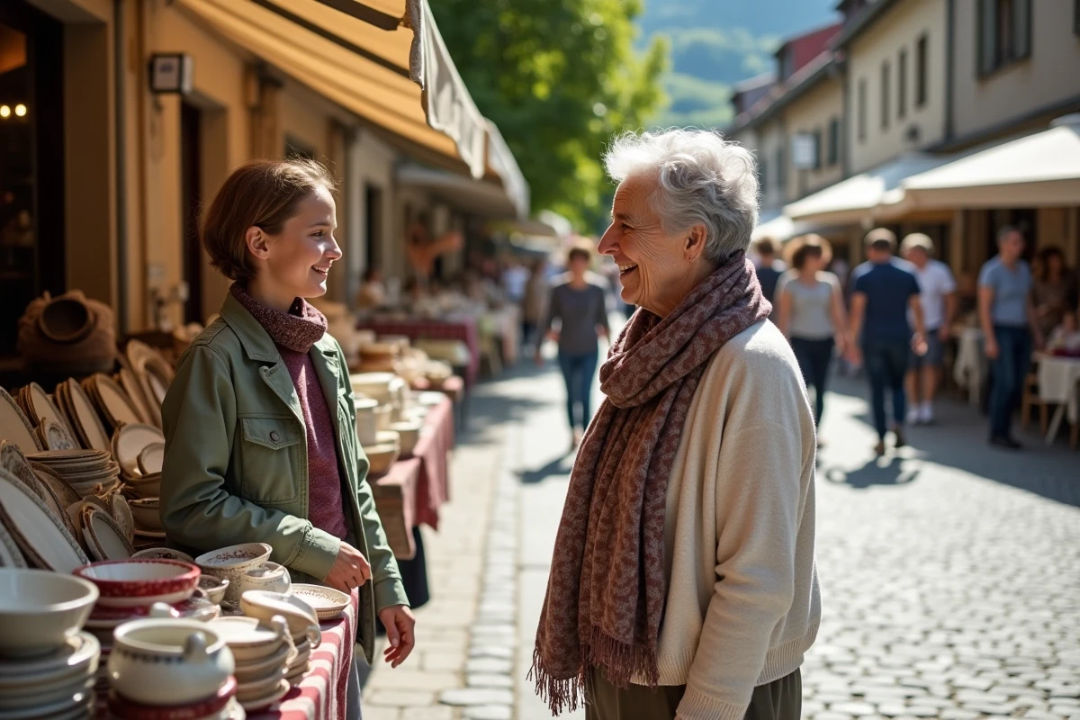 Femme âgée discutant avec une jeune fille à un stand de marché en Savoie