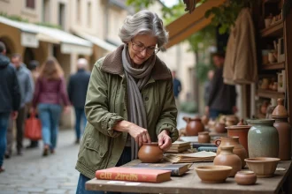 Femme d'âge moyen arrangeant des objets vintage au marché