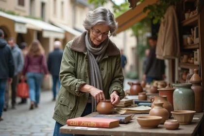 Femme d'âge moyen arrangeant des objets vintage au marché