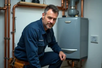 Technicien chauffagiste professionnel inspectant une chaudière à gaz dans la Vienne