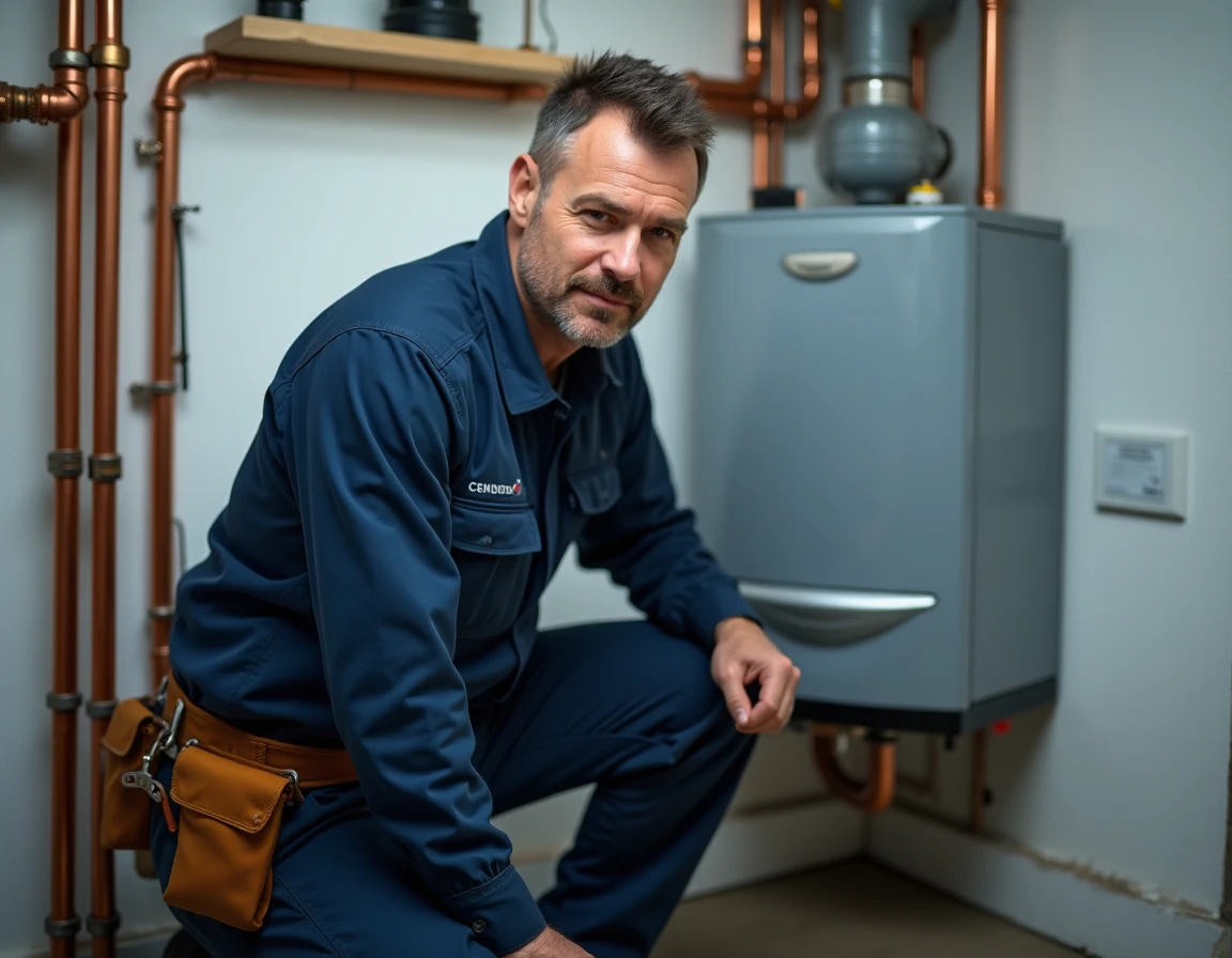 Technicien chauffagiste professionnel inspectant une chaudière à gaz dans la Vienne