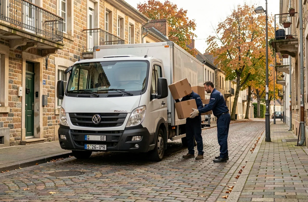 Équipe de déménageurs professionnels chargeant un camion dans une rue typique de la Moselle
