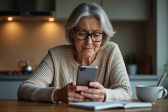 Mère dépassée par le langage des jeunes sur son smartphone, expression confuse et amusée à la table de cuisine