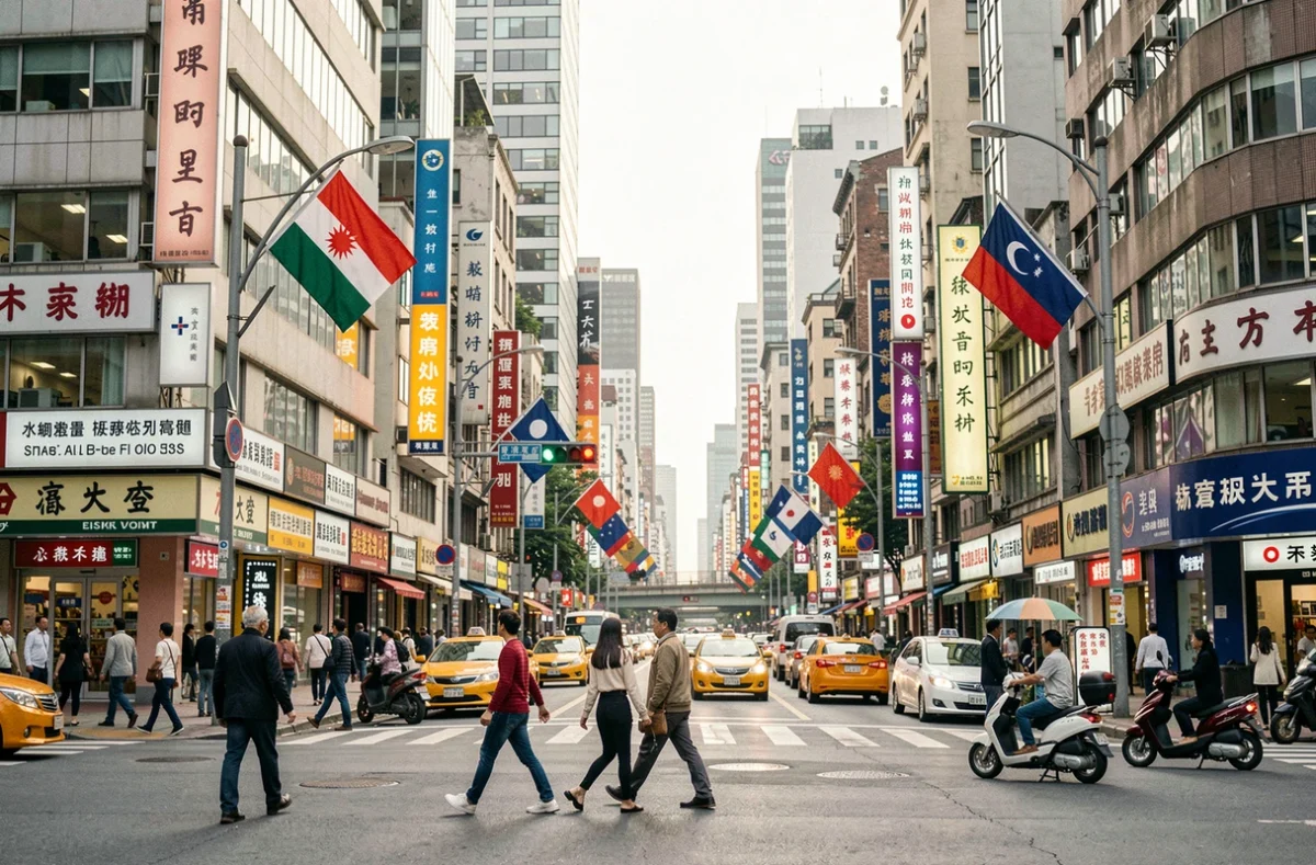 Scène de rue animée dans une métropole asiatique moderne avec drapeaux de pays asiatiques et foule multiculturelle, reflet de la diversité géopolitique du continent