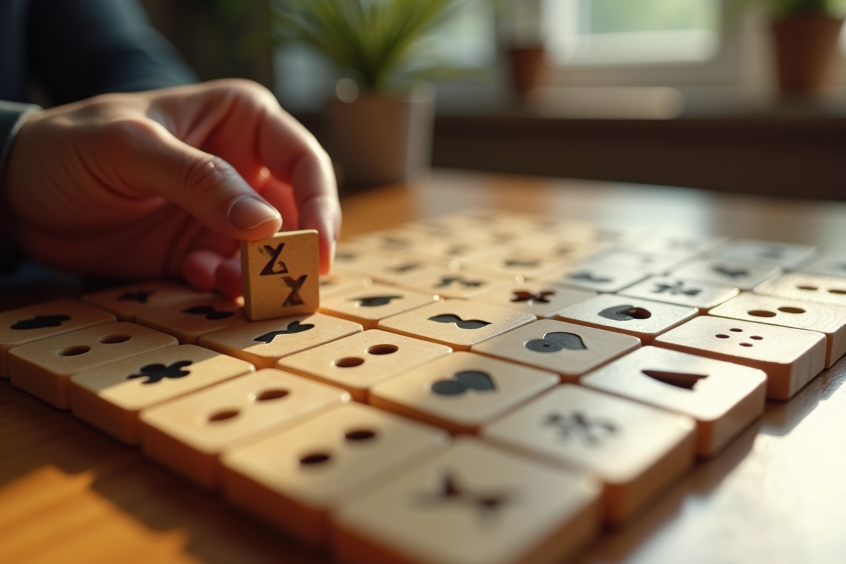 Main posant une tuile joker sur une table en bois pour jouer au Rummikub