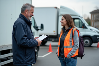 Formateur de conduite avec camion dans une école de conduite