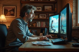 Homme comparant un écran CRT vintage et un écran 4K moderne dans un bureau nostalgique rempli de magazines photo et de DVD
