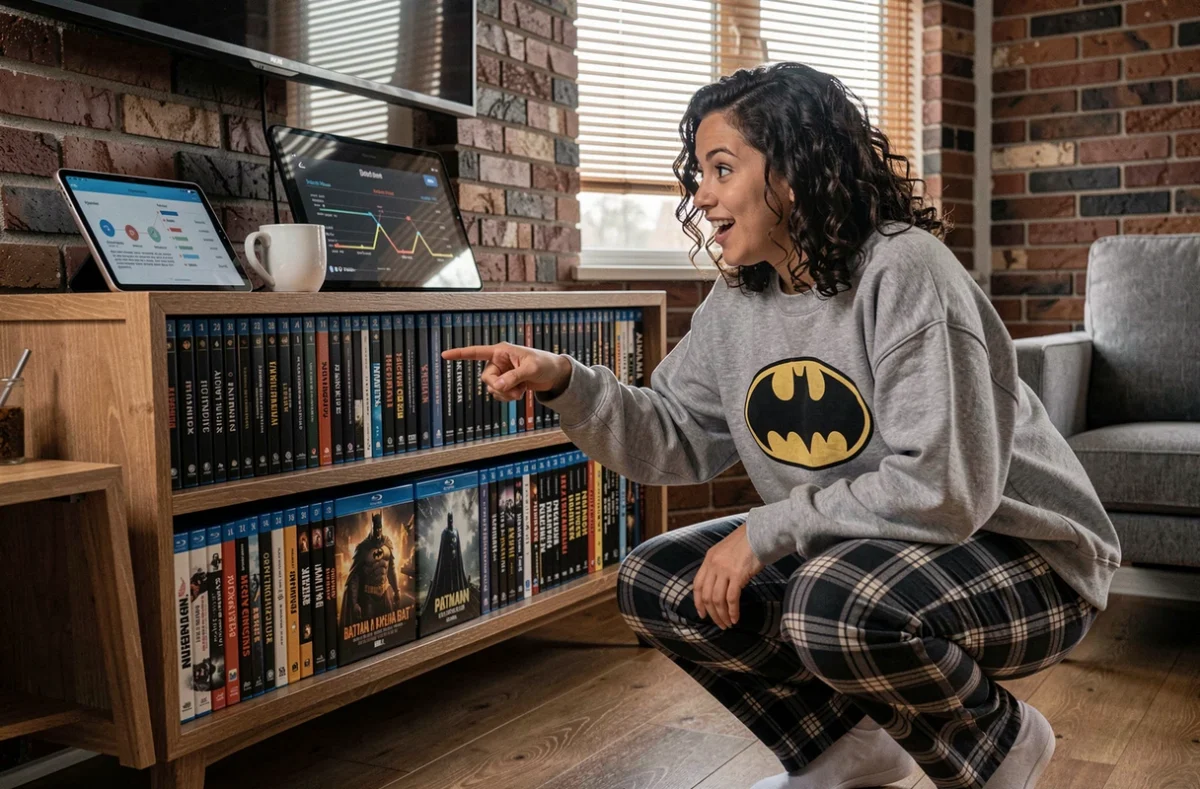 Femme organisant les films Batman en ordre chronologique devant son meuble TV pour un marathon