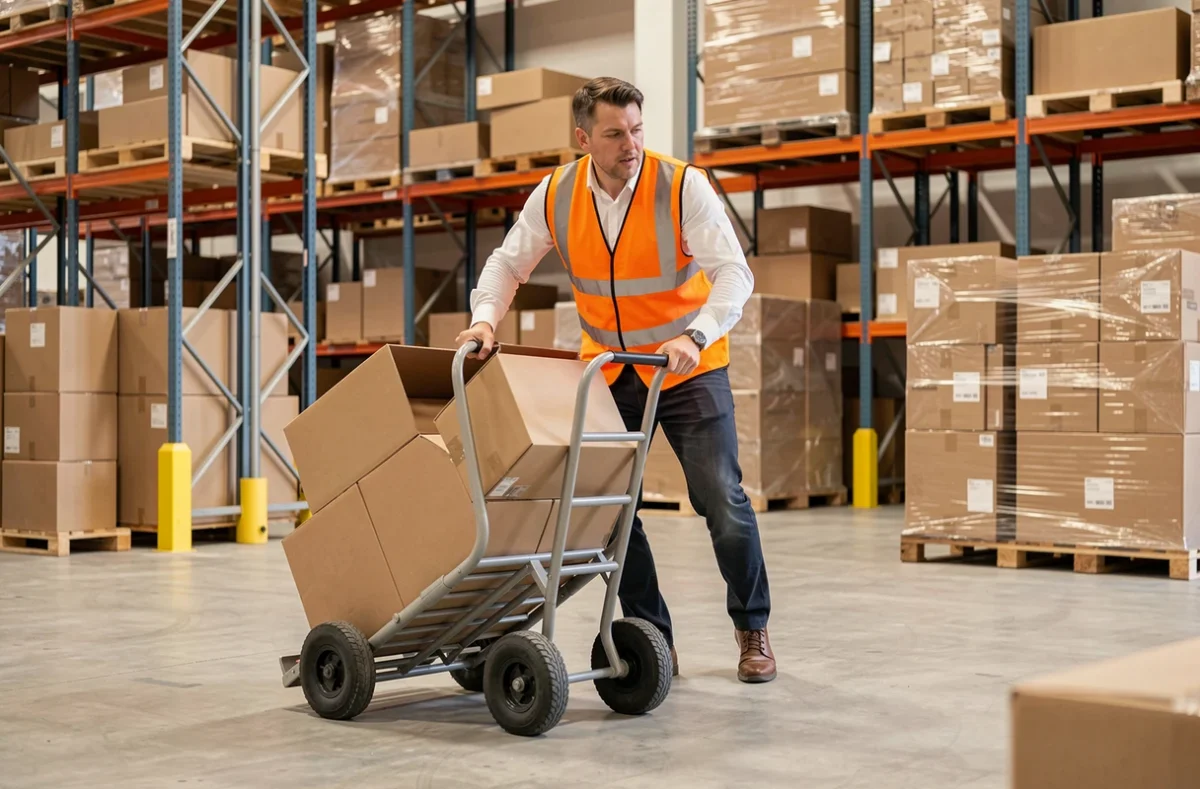 Agent d'OTL Services déplaçant des cartons dans un entrepôt logistique de Moselle