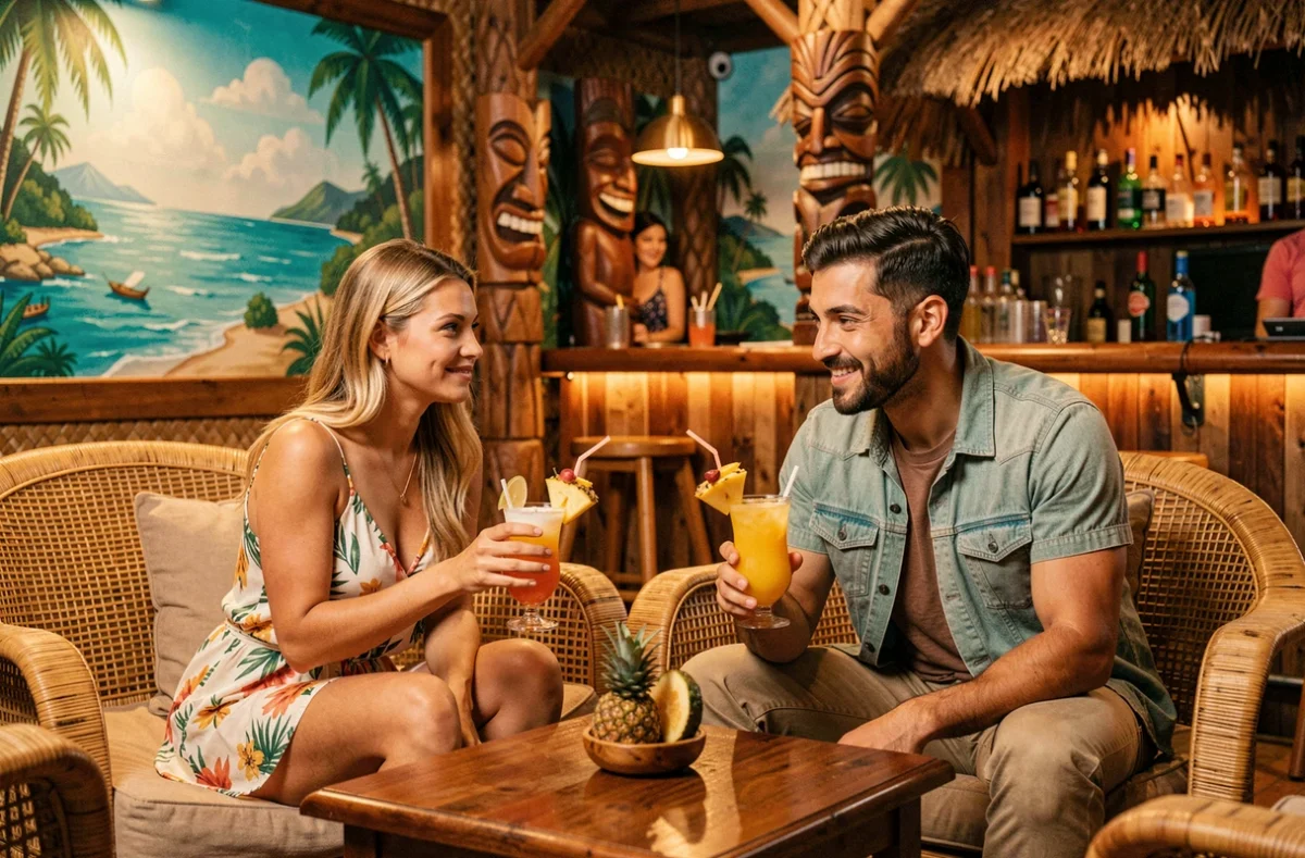 Ambiance polynésienne du club Pago Pago à Chilly-Mazarin avec décor tiki et cocktails exotiques