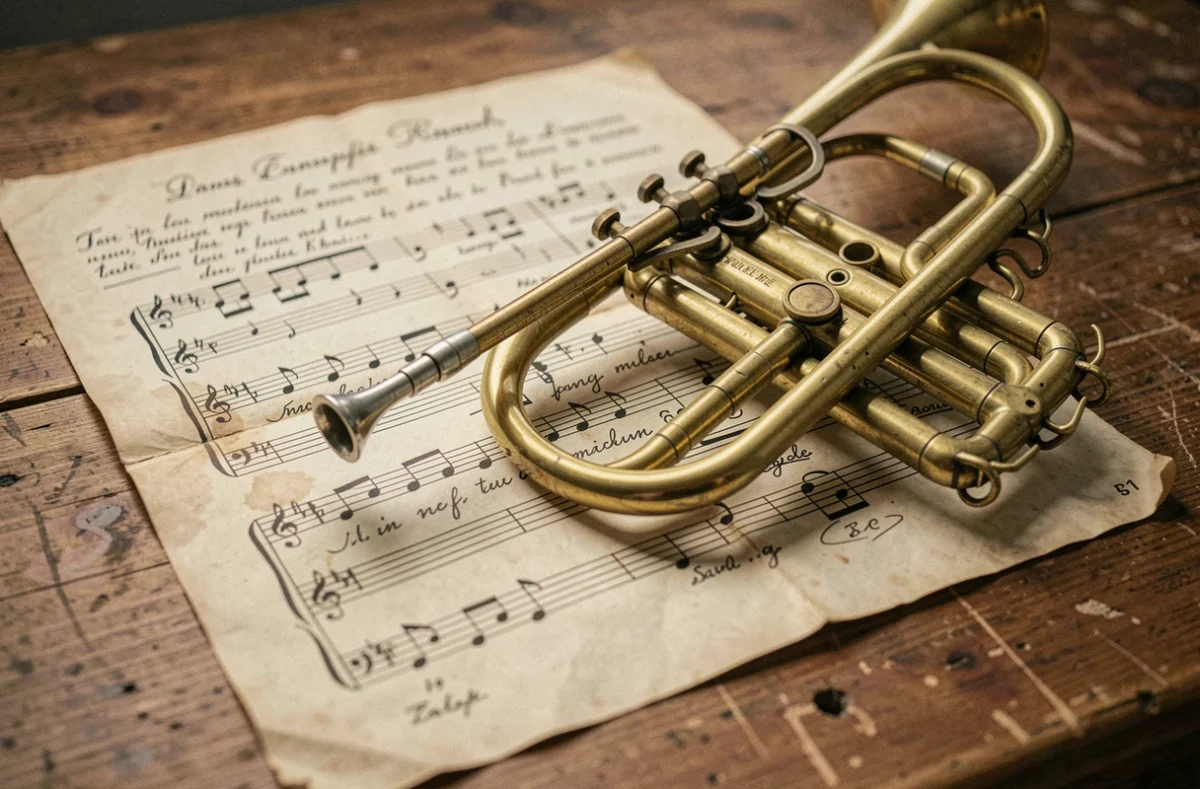 Partition manuscrite ancienne d'un chant militaire français posée sur une table en chêne avec une trompette en laiton vintage