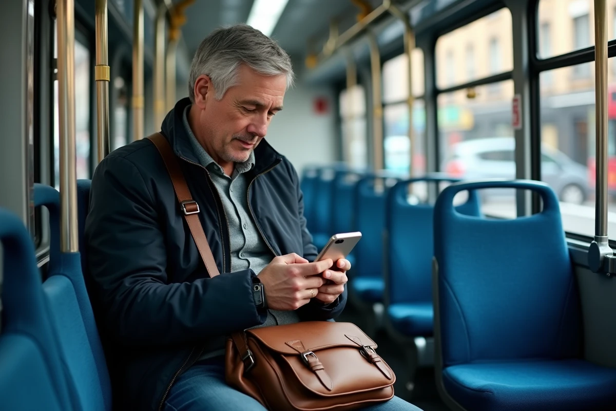 Passager consultant l'application d'horaires en temps réel du bus 249 depuis l'intérieur du bus