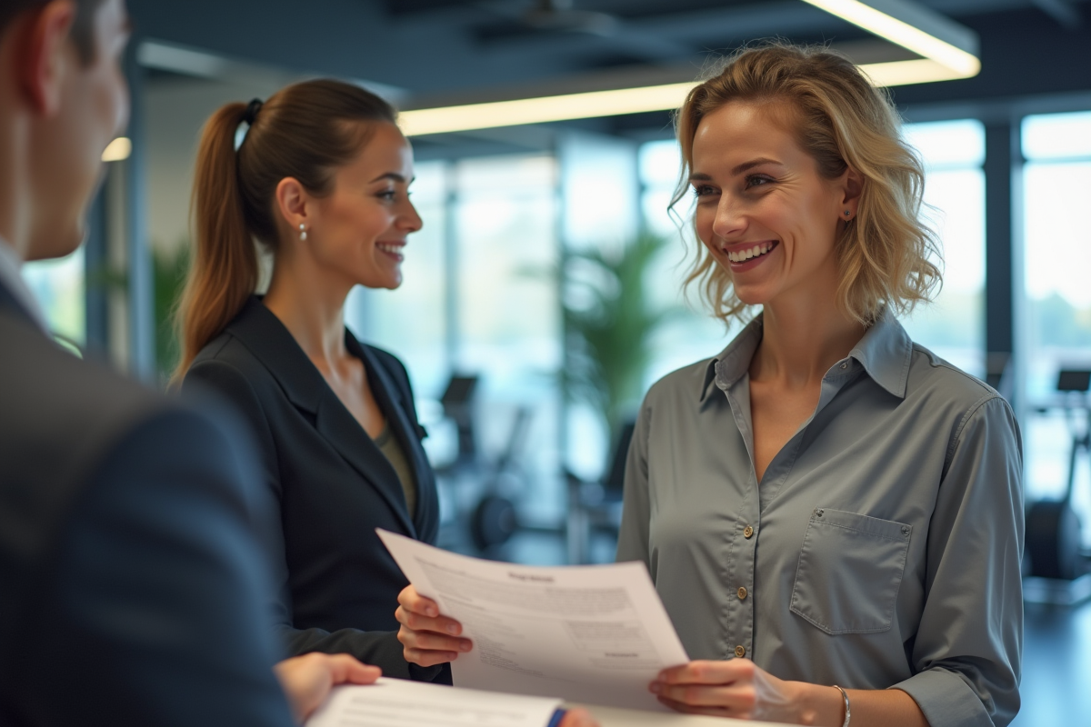 Personne à la réception d'une salle de sport souriante