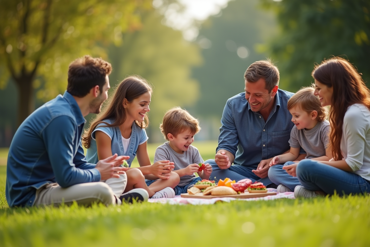 Groupe divers d'employes SNCF et familles profitant d'un pique-nique en plein air