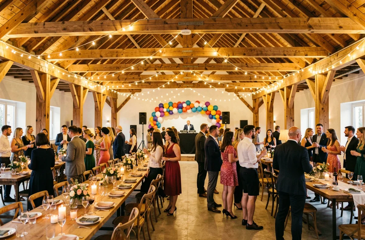 Espace festif Pitchtime à Dourdan avec grande salle décorée, guirlandes et ambiance de soirée animée