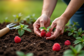 Jardinier plantant une framboise dans un sol humide et riche