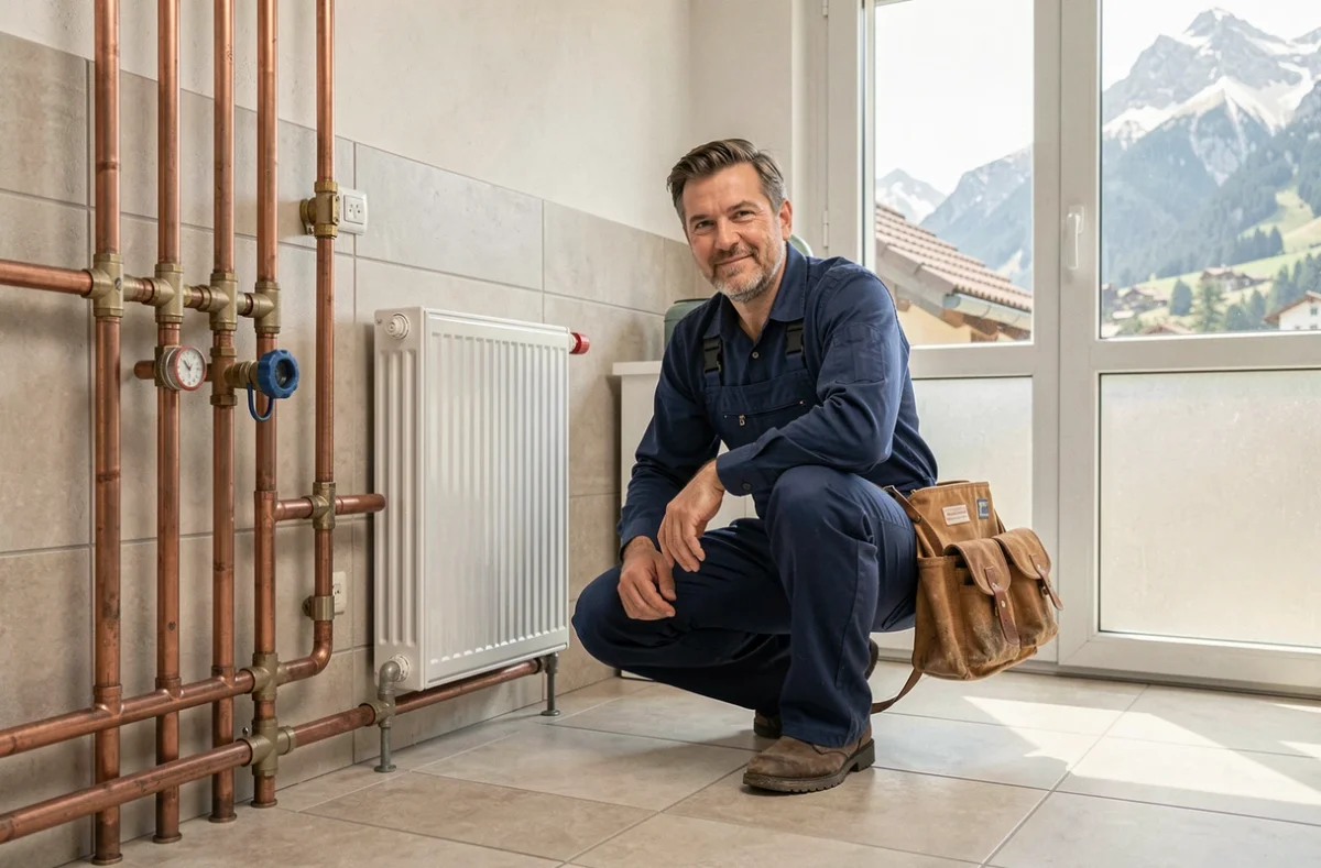 Plombier professionnel en Auvergne-Rhône-Alpes travaillant sur une installation de plomberie et chauffage dans un appartement moderne
