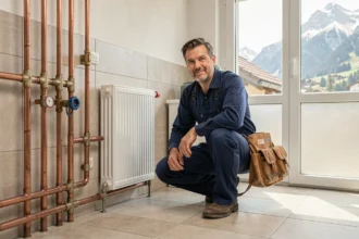Plombier professionnel en Auvergne-Rhône-Alpes travaillant sur une installation de plomberie et chauffage dans un appartement moderne