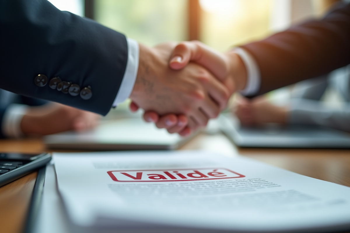 Deux mains se serrant avec un document validé en premier plan