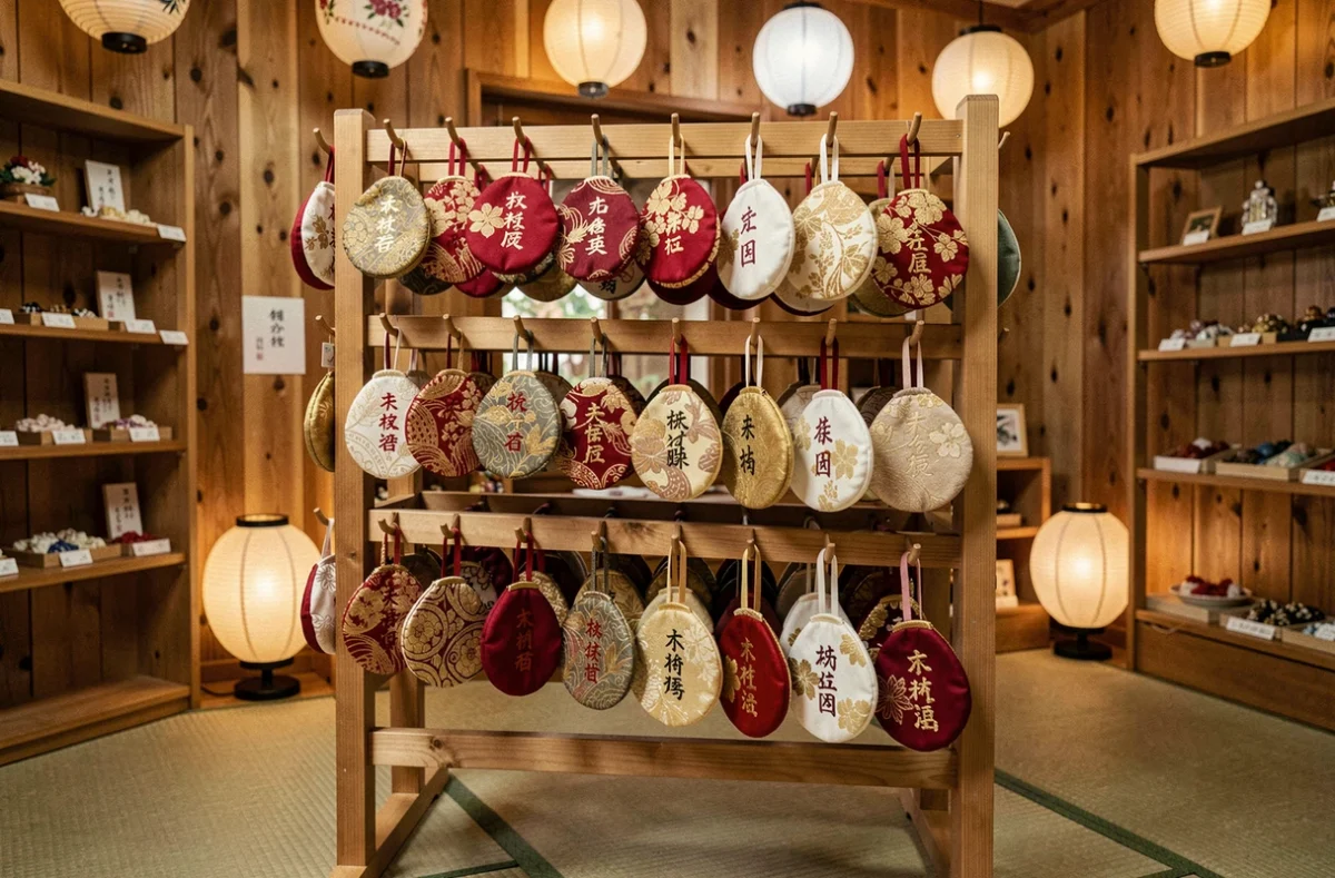 Présentoir en bois de porte-bonheur japonais omamori dans une boutique de sanctuaire shinto avec amulettes brodées en tissu brocart rouge et or