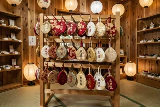 Présentoir en bois de porte-bonheur japonais omamori dans une boutique de sanctuaire shinto avec amulettes brodées en tissu brocart rouge et or