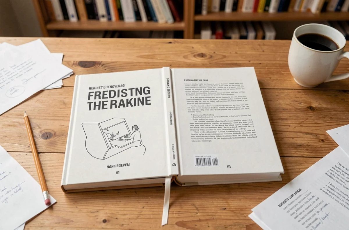 Première et quatrième de couverture d'un livre posé ouvert sur un bureau en bois, entouré de notes et d'un crayon, dans un studio éditorial