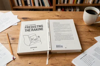 Première et quatrième de couverture d'un livre posé ouvert sur un bureau en bois, entouré de notes et d'un crayon, dans un studio éditorial