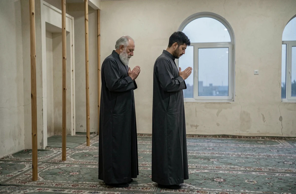 Deux hommes musulmans accomplissant la prière du Fajr côte à côte dans une mosquée de quartier à l'aube