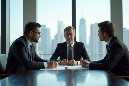 Trois professionnels en réunion dans un bureau moderne en ville