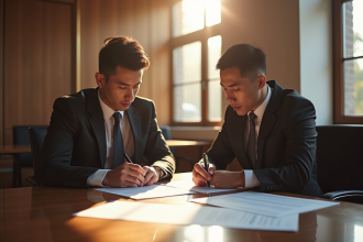 Deux professionnels du droit dans un tribunal moderne en pleine analyse