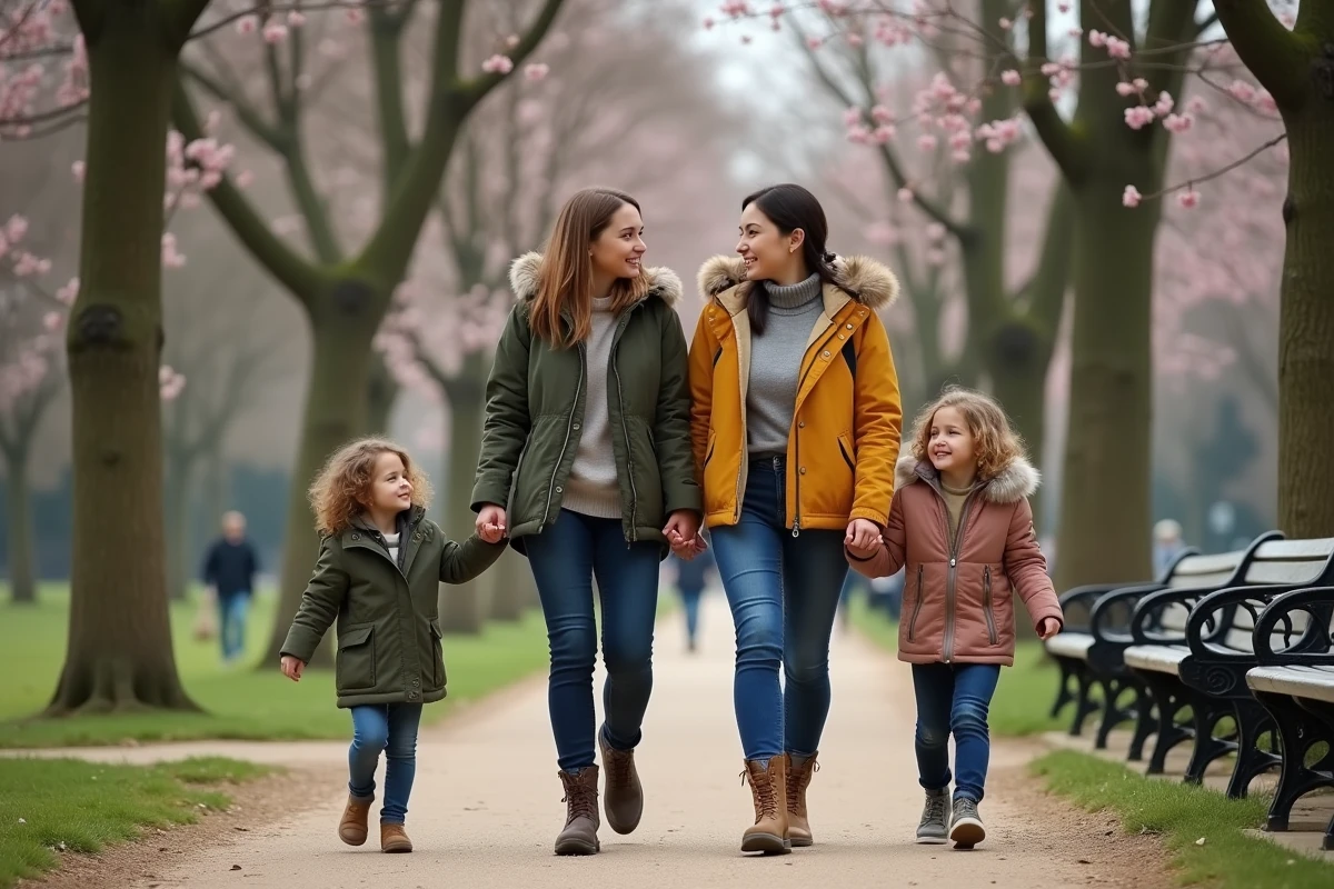 Famille se promenant dans un parc parisien au printemps