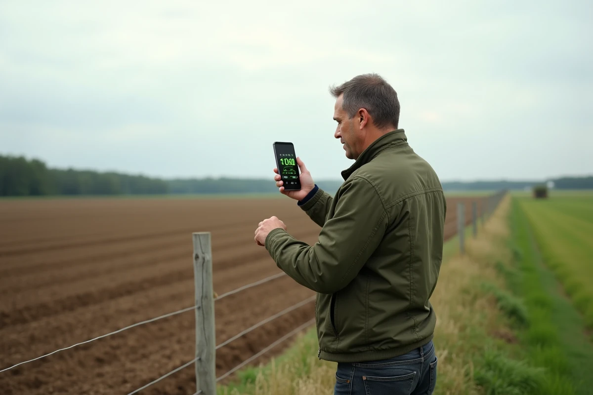 Propriétaire foncier mesurant la superficie d'un terrain agricole en m2 et hectares avec une application mobile