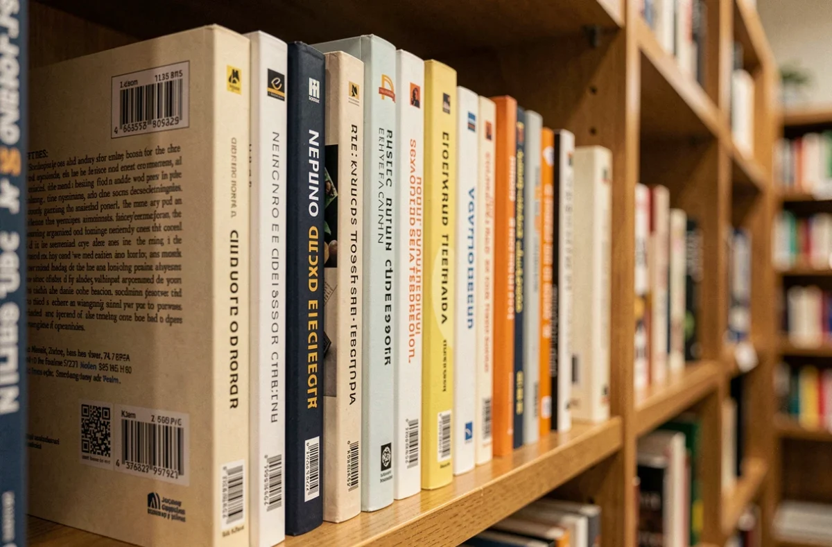 Gros plan sur des quatrièmes de couverture de livres de poche en librairie, montrant codes-barres, ISBN et textes de présentation