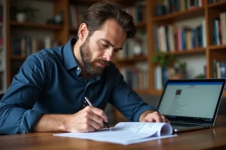 Homme remplissant un quiz d'orientation politique à son bureau à domicile