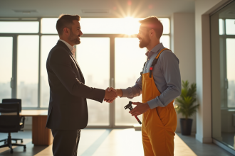 Deux hommes se serrant la main dans un bureau moderne lumineux