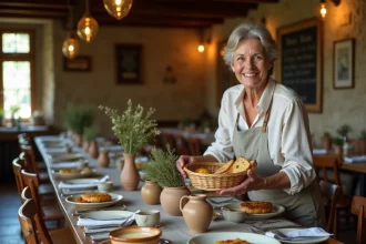 Intérieur rustique d'un restaurant normand avec une table dressée de spécialités du terroir après le marché de Deauville