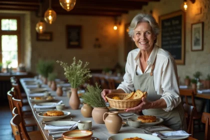 Intérieur rustique d'un restaurant normand avec une table dressée de spécialités du terroir après le marché de Deauville