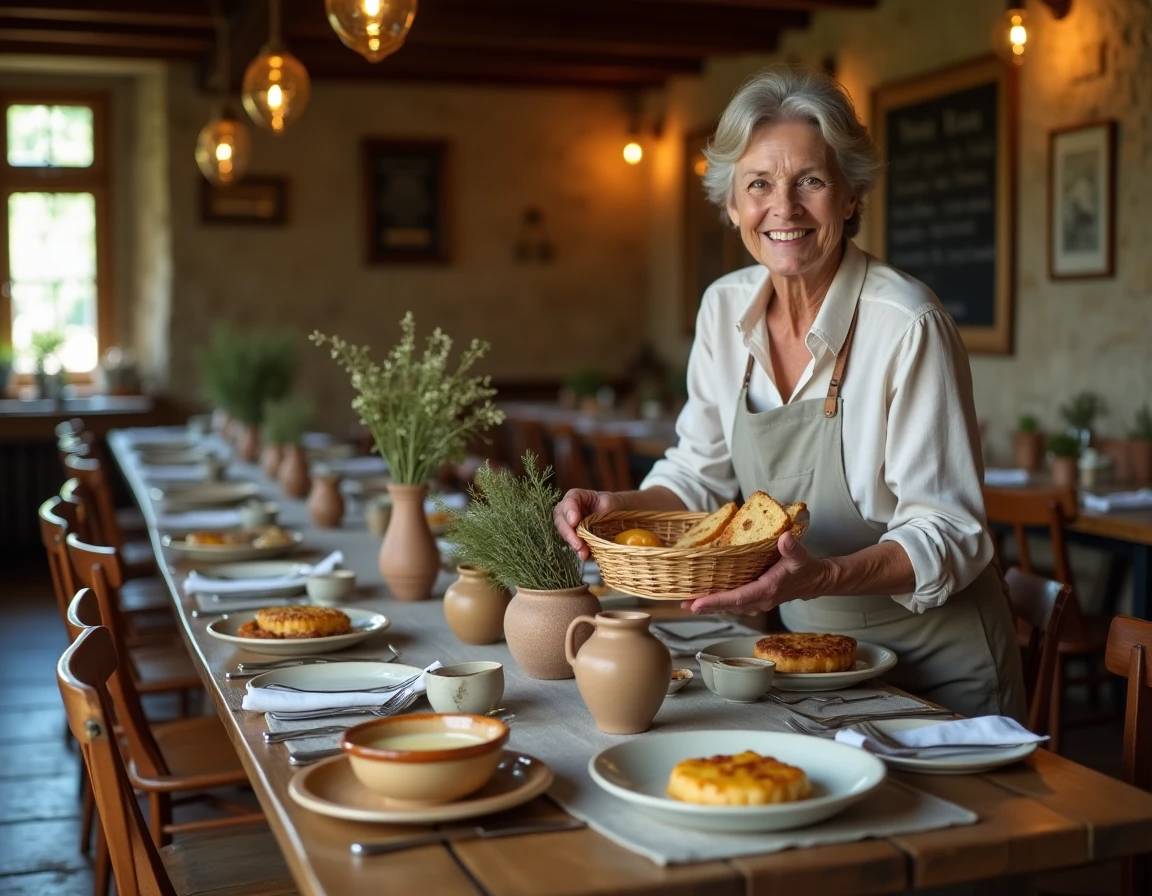 Intérieur rustique d'un restaurant normand avec une table dressée de spécialités du terroir après le marché de Deauville