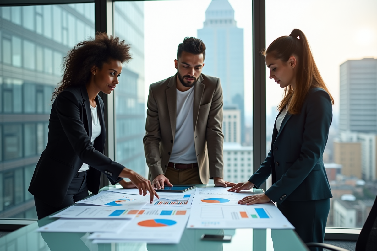 Groupe de professionnels discutant de rapports SEO en réunion