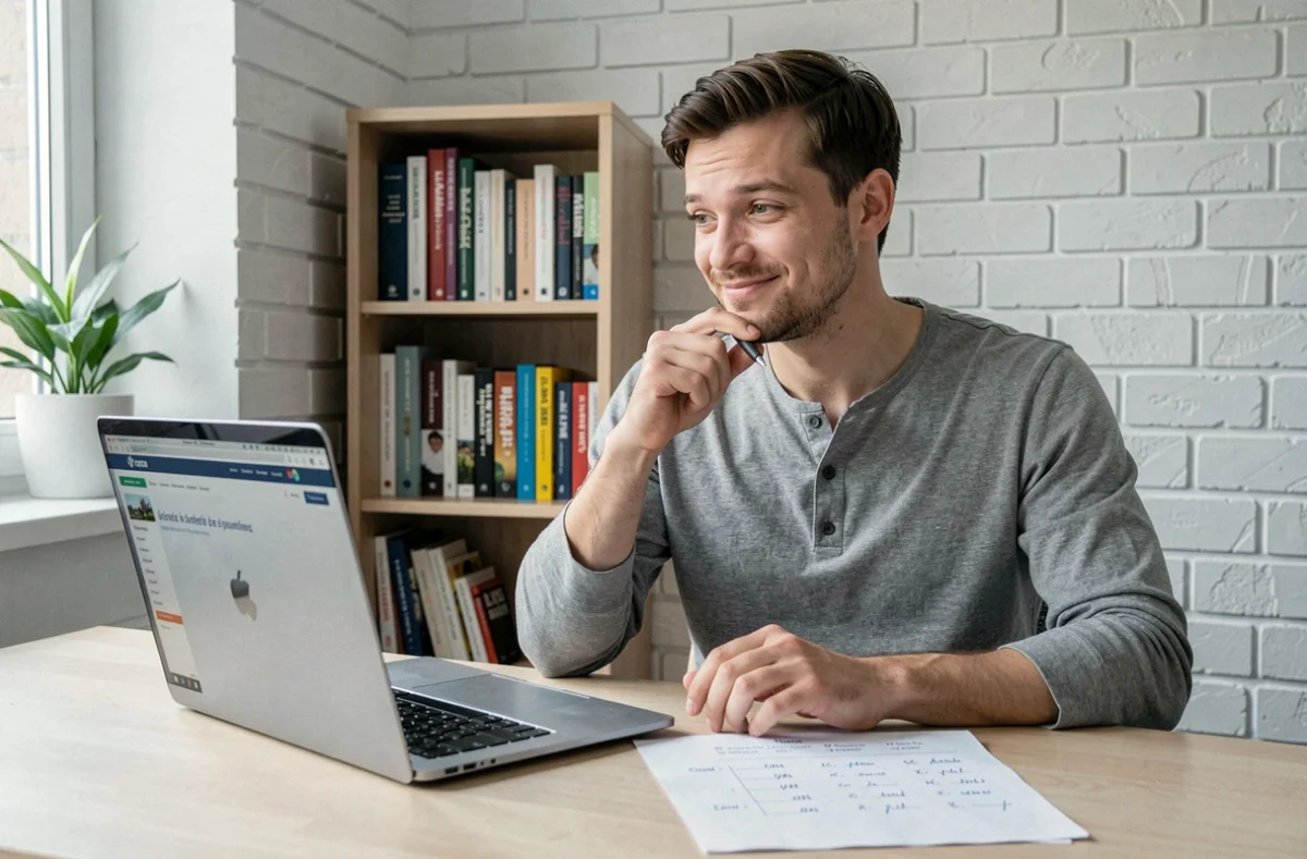 Jeune homme adulte révisant la conjugaison française sur ordinateur portable à son bureau à domicile