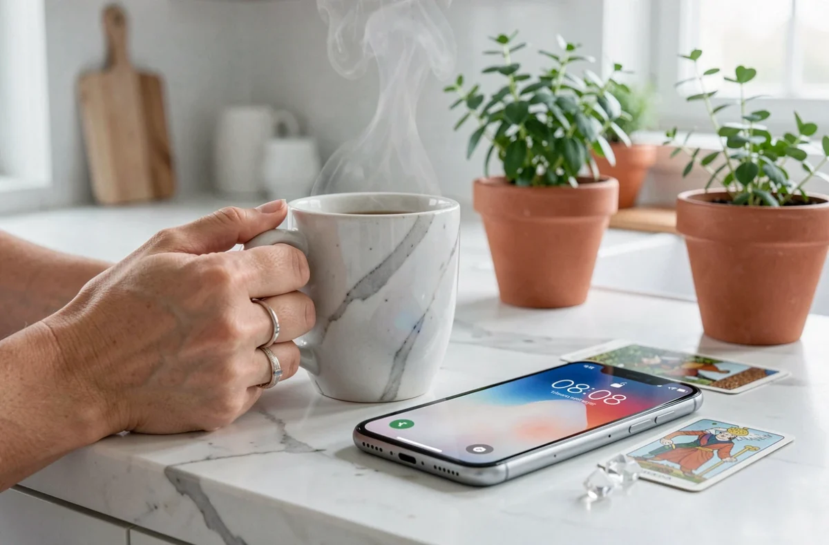 Mains tenant une tasse de café avec un smartphone affichant 08h08 entouré de cristaux, illustrant un rituel matinal lié aux heures miroirs