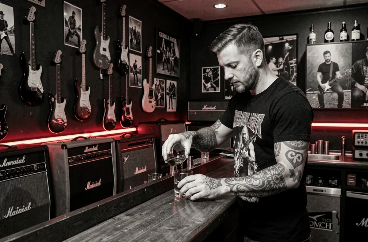 Barman tatoué au Rockwood Bar entouré de guitares électriques et photos de rock en noir et blanc