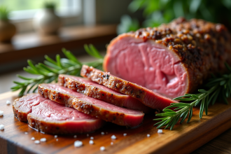 Rôti de boeuf juteux sur planche en bois