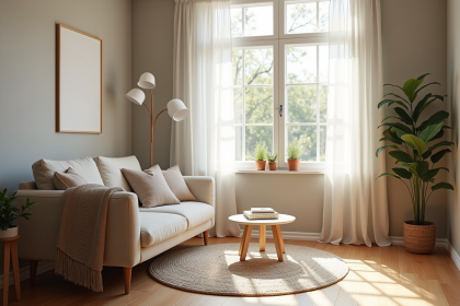 Salon chaleureux avec canapé neutre et lumière naturelle