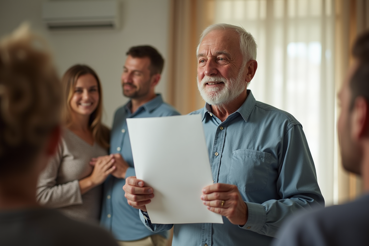 Homme âgé heureux recevant une lettre en famille